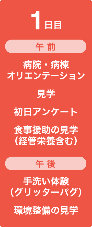 1日目　午前　病院・病棟、オリエンテーション、見学・初日アンケート、食事援助の見学（経管栄養含む）　午後　手洗い体験（グリッターパグ）環境整備の見学