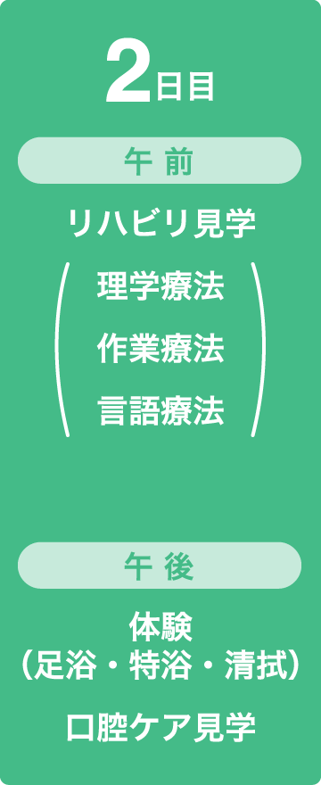 2日目　午前　リハビリ見学（理学療法、作業療法、言語療法）　午後　体験（足浴・特浴・清拭）口腔ケア見学