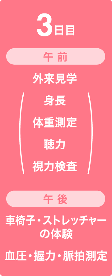 3日目　午前　外来見学（身長、体重測定、聴力、視力検査）　午後　車椅子・ストレッチャーの体験、血圧・握力・脈拍測定